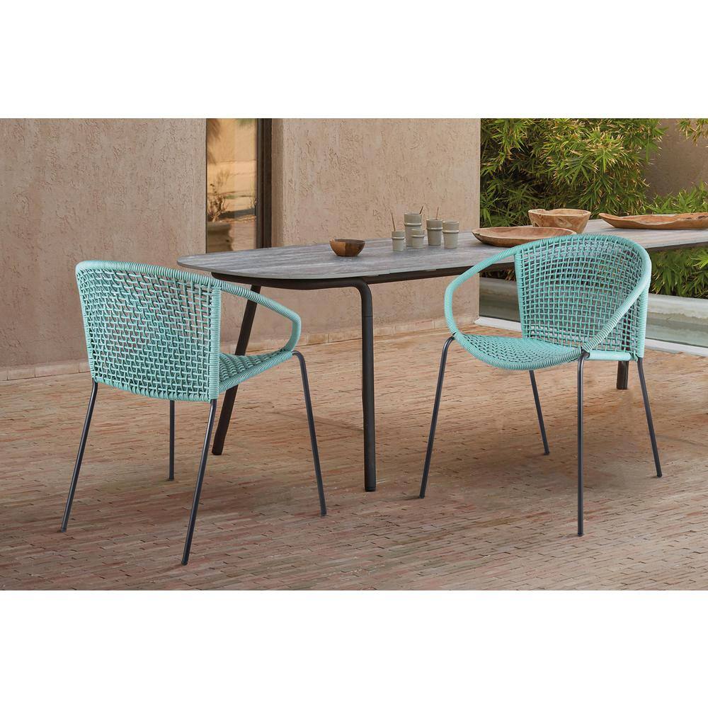 Green Woven Rope and Steel Outdoor Dining Arm Chairs