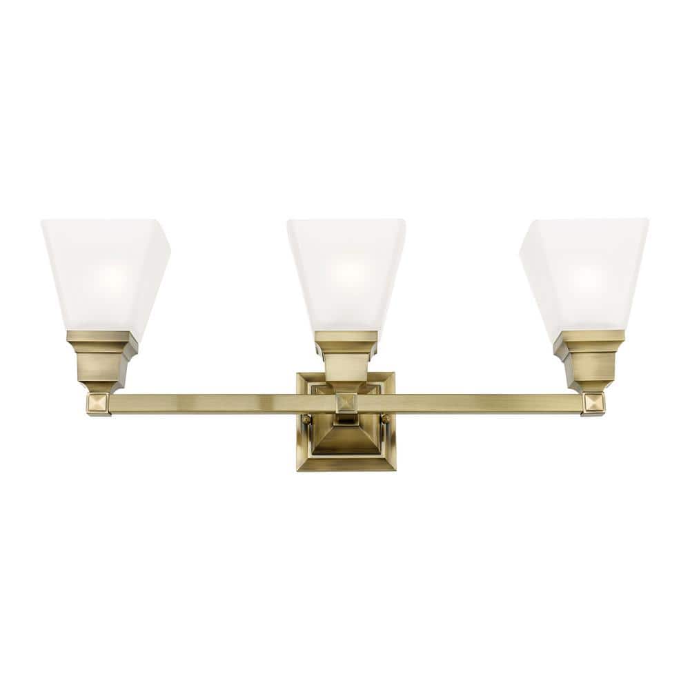 Antique Brass Mission 3-Light Bath Vanity with Satin Glass