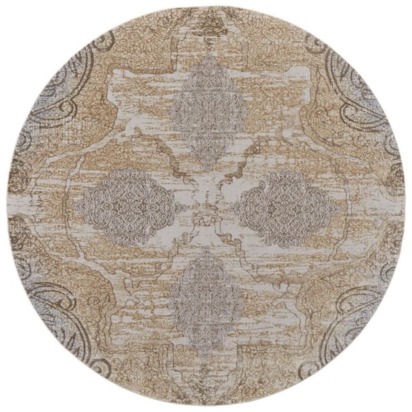 HomeRoots 8 ft. Round Gray and Brown Medallion Area Rug