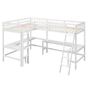 White Twin Size L-Shaped Loft Bed with Ladder and 2 Desks