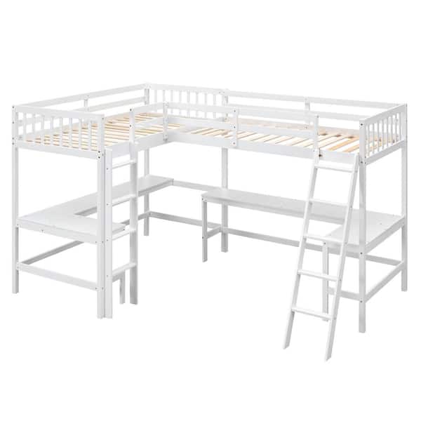 Nestfair White Twin Size L-Shaped Loft Bed with Ladder and 2 Desks