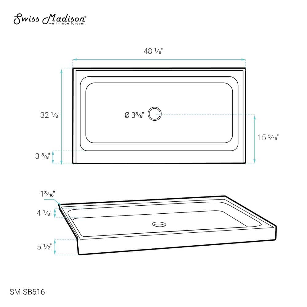 Voltaire 48" x 32" White Acrylic Shower Base with Center Drain