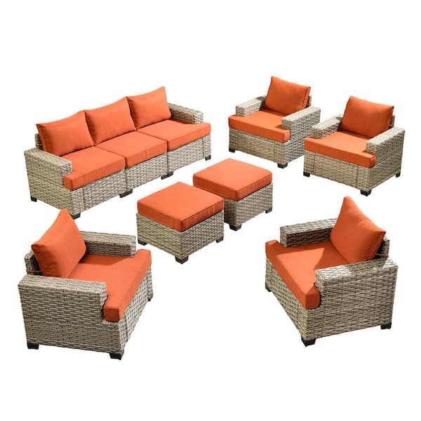 Kelleys 9-Piece Wicker Modern Outdoor Patio Conversation Sofa Seating Set with Orange Red Cushions