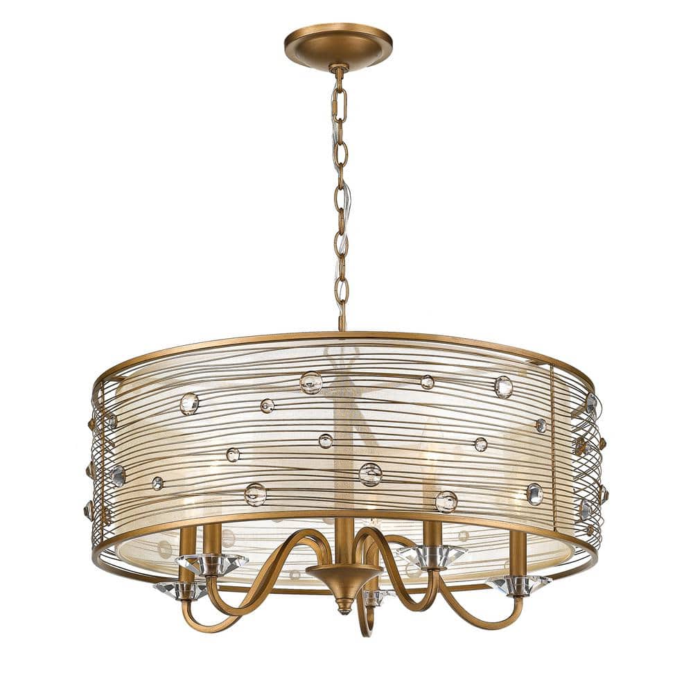 Elegant Peruvian Gold 5-Light Chandelier with Crystal Accents and Sheer Shade