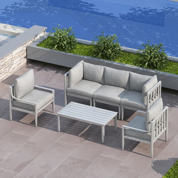 Unbranded 6-Piece Outdoor Conversation Set, Sofa with Armchairs and Coffee Table, All-Weather Aluminum White Frame w/ Gray Cushion