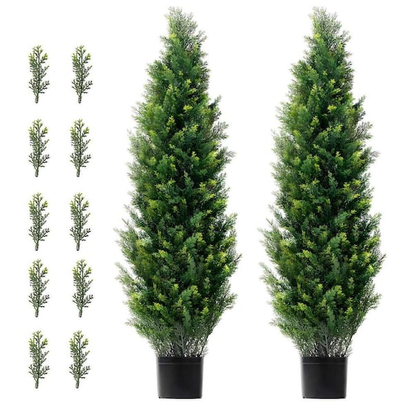 4.03 ft. Artificial Cedar Topiary Tree (2 Pieces) with Extra Leaves and Pot Faux Evergreen Fake Pine Cypress Trees