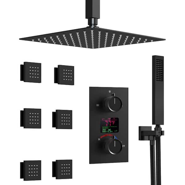 GRANDJOY Pressure Balance Temperature Display 3-Spray Ceiling Mount 12 in. Fixed and Handheld Shower Head 2.5 GPM in Matte Black