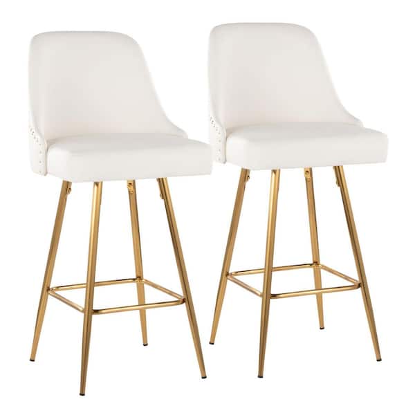 Lumisource Studded Marcel 27" Gold Metal and White Faux Leather Fixed-Height Counter Stool with Gold Square Footrest (Set of 2) LYW