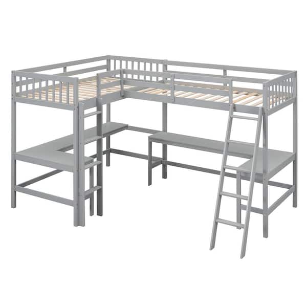 Nestfair Gray Twin Size L-Shaped Loft Bed with Ladder and 2 Desks
