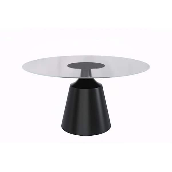 Prynn Modern 70 in. Round Dining Table with Glass Tableop and Black Steel Pedestal Base in Clear