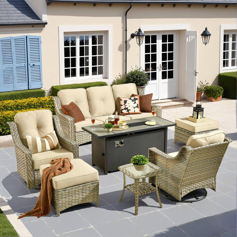 Eureka Gray 7-Piece Wicker Patio Conversation Sofa Swivel Chairs Set with Metal Fire Pit and Beige Cushions price history on PriceWatchPro