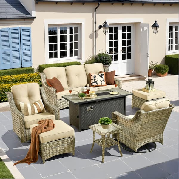 Eureka Gray 7-Piece Wicker Patio Conversation Sofa Swivel Chairs Set with Metal Fire Pit and Beige Cushions