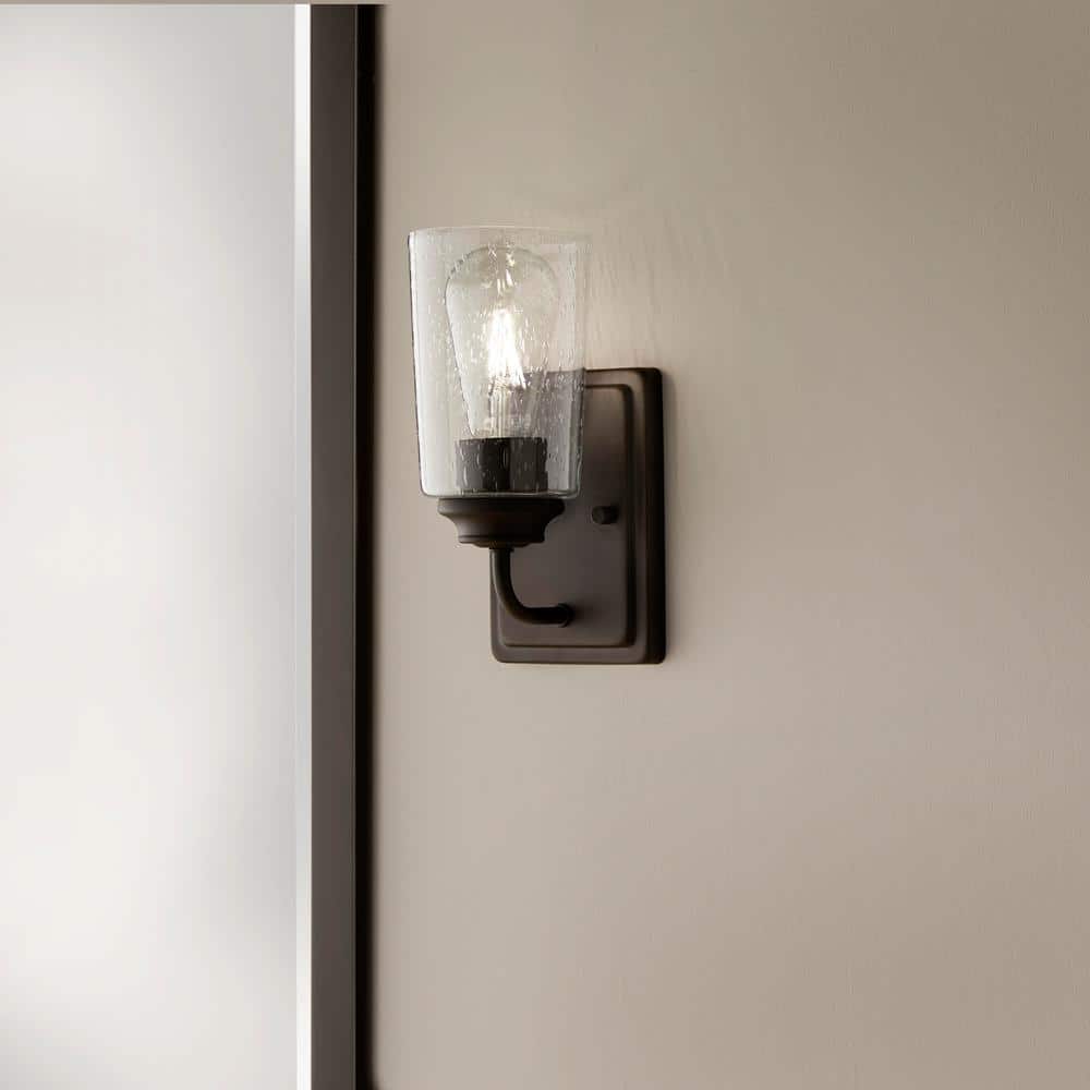 Hampton Bay Evangeline 4.5 in. 1-Light Modern Bronze Indoor Wall Farmhouse Sconce with Clear Seeded Glass Shade