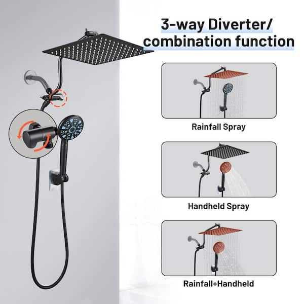 9-Spray Patterns Rainfull 2-in-1 Adjustable Fixed Shower Head with Filter 1.8 GPM and Handheld Shower Head in Black