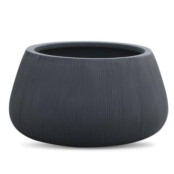 Vasesource Fulton 8.5 in. x 14.2 in. x 14.2 in. Fiberstone Matte Black Vertical Line Bowl Planter