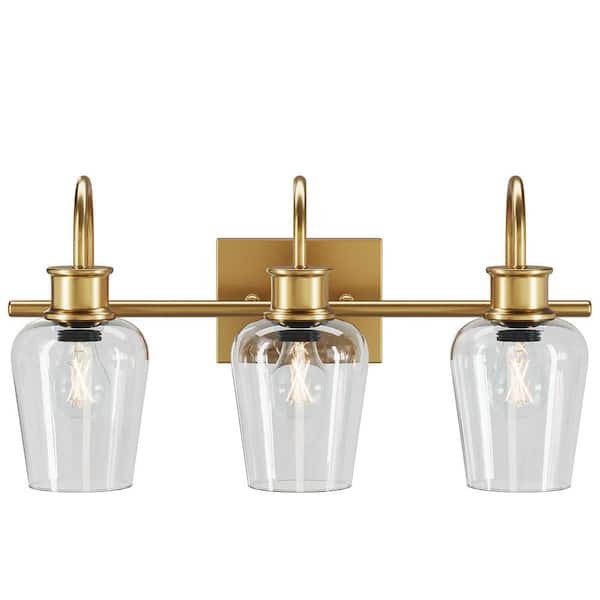 21.7 in. 3-Light Gold Bathroom Vanity Light, Modern Wall Lights with Clear Glass Shades