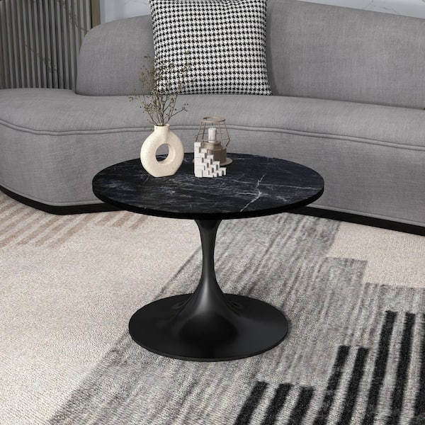 Leisuremod 27 in. Round Coffee Table with MDF Top and Powder-Coated Stainless Steel Pedestal Base Verve Collection in Black Marble
