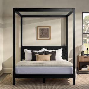 Minimalist Black Wood Frame Queen Plank Canopy Bed