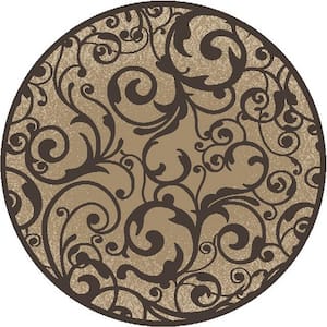 Pisa Beige 8 ft. Round Contemporary Scroll Area Rug