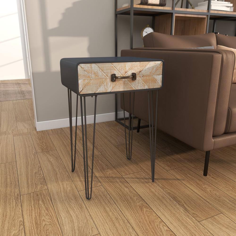 Black and Beige Metal Wood Accent Table with Drawer
