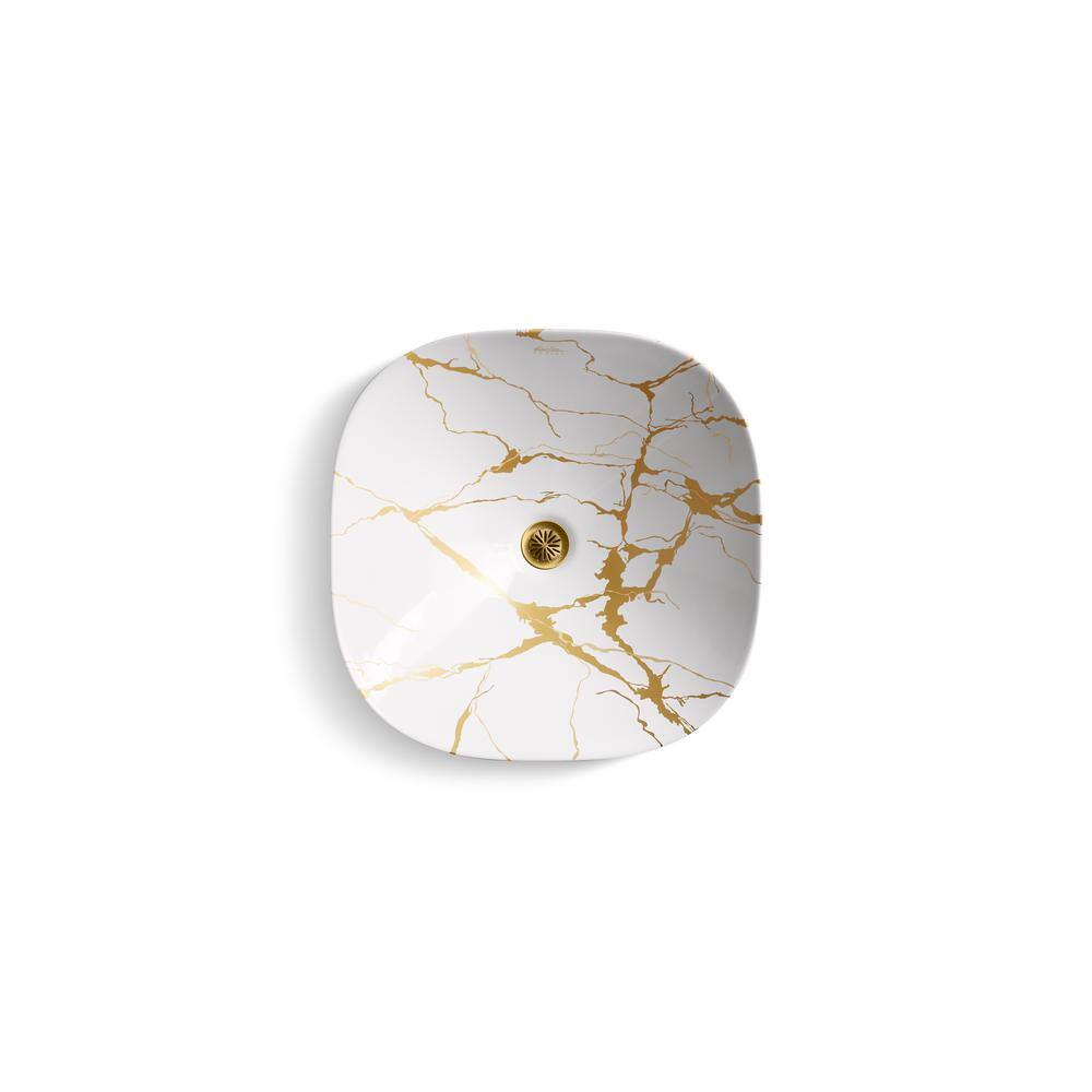 White and Gold Ceramic Square Vessel Bathroom Sink