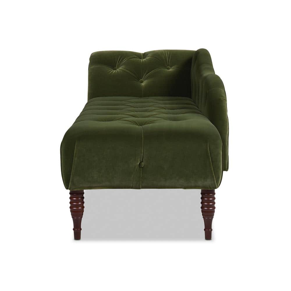 Olive Green Velvet Tufted Chaise Lounge with Wood Legs