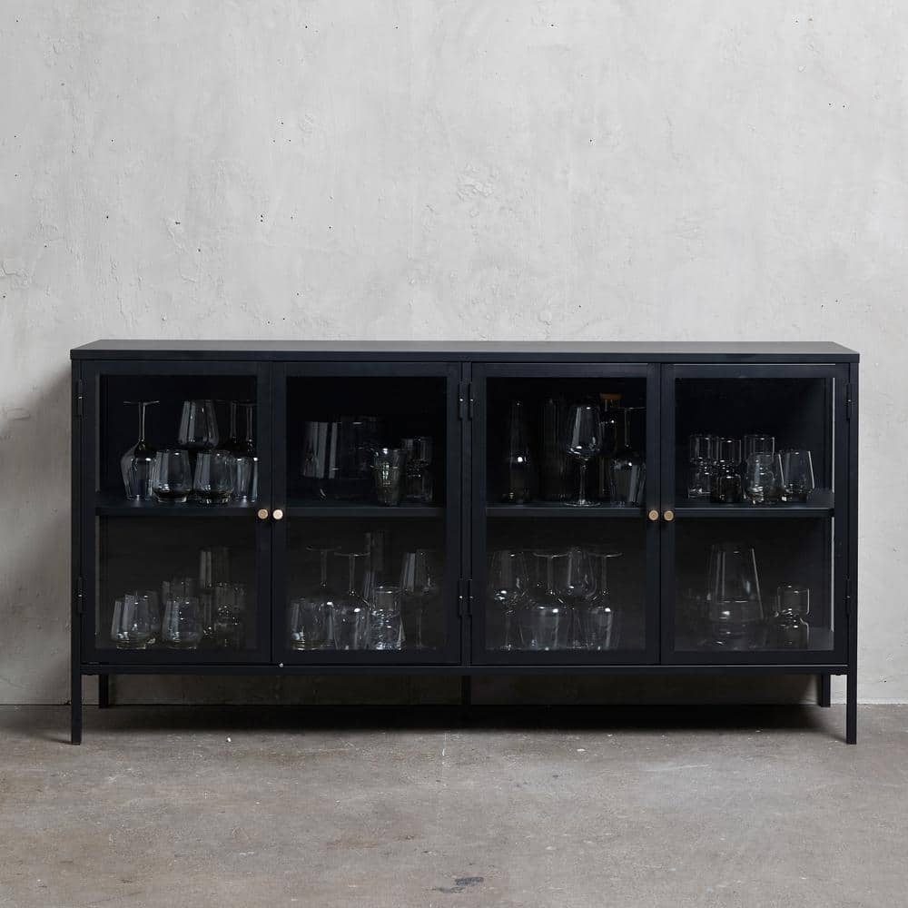 67" Black Metal and Glass 4-Door Sideboard