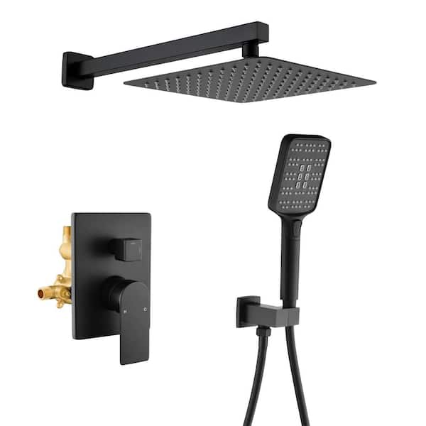 FLG Single-Handle 3-Spray Square Shower Faucet w/Hand Shower Wall Mount Shower System Set in Matte Black (Valve Included)