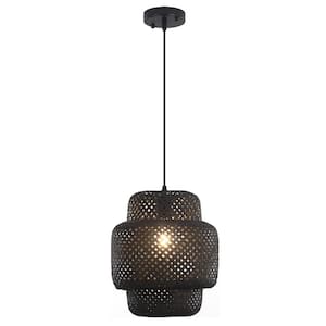 1-Light Black Drum Hanging Pendant Light with Rattan Shaded for Kitchen Island, No Bulbs Included