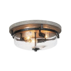 The 13.5 in. 3-Light Farmhouse Rustic Slategray and Antique Brushed Silver Flush Mount Ceiling Light with Seeded Glass