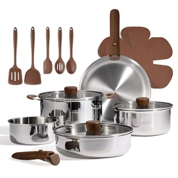 19-Piece Stainless Steel Cookware Set with Detachable Handle, Pots and Pans Set, RV/Camping Cookware, Oven Safe