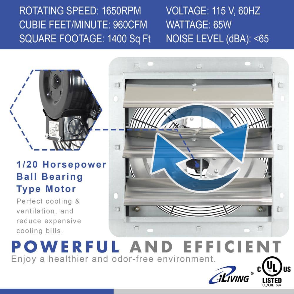 12" Silver Wall Mounted Shutter Exhaust Fan with Thermospeed Controller