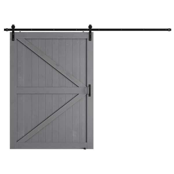 SOCBAZZAR 60 in. x 84 in. Grey Wood K-Shaped Natural Solid Finished Interior Sliding Barn Door with Hardware Kit