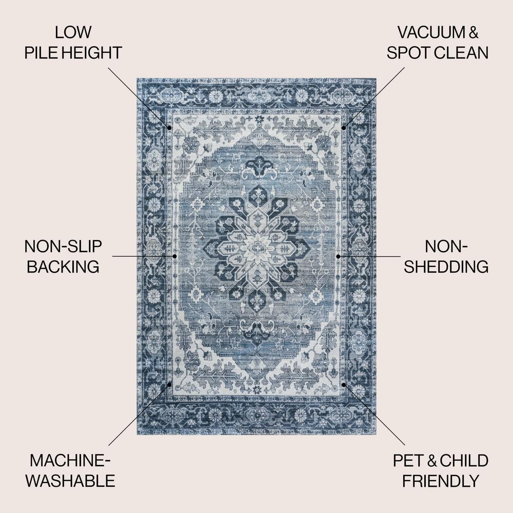 Blue and Cream Chenille Medallion Washable Area Rug 4' x 6'