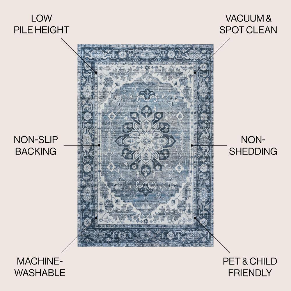 Blue and Cream Medallion Washable Synthetic Area Rug 8' x 10'