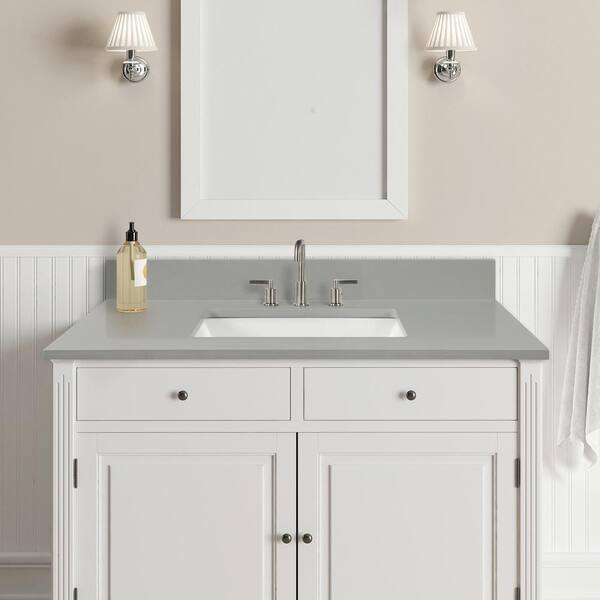 73 in. W x 22 in. D x 0.75 in. H Quartz Vanity Top in Earth Gray with White Basins 73 in. W x 22 in. D x 0.75 in. H Quartz Vanity Top in Earth Gray with White Basins