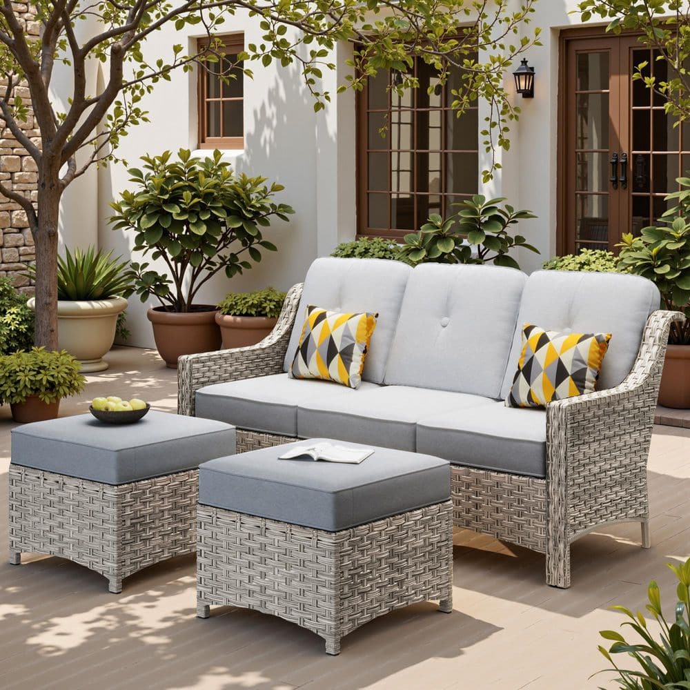 Eureka Grey 3-Piece Modern Wicker Outdoor Patio Conversation Sofa Seating Set with Light Grey Cushions price history on PriceWatchPro
