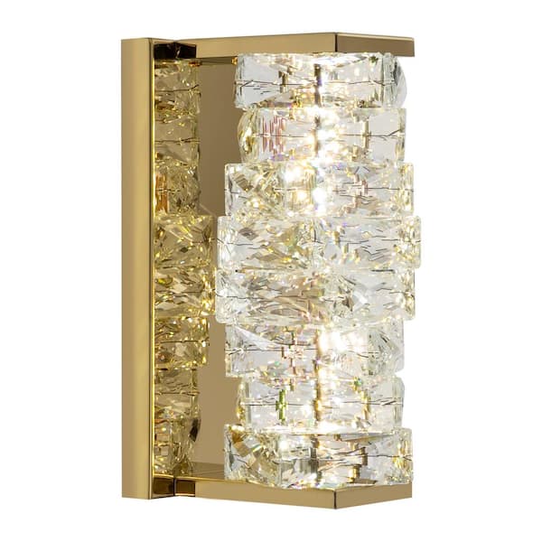 OUKANING 4.72 in. 1-Light Gold Modern Selectable LED Crystal Wall Light Vanity Light with Clear Crystal Shade for Bedside Hallway