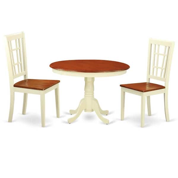 East West Furniture 3-Piece Buttermilk and Cherry Solid Wood Top - Round Dining Room Set - Seats 4
