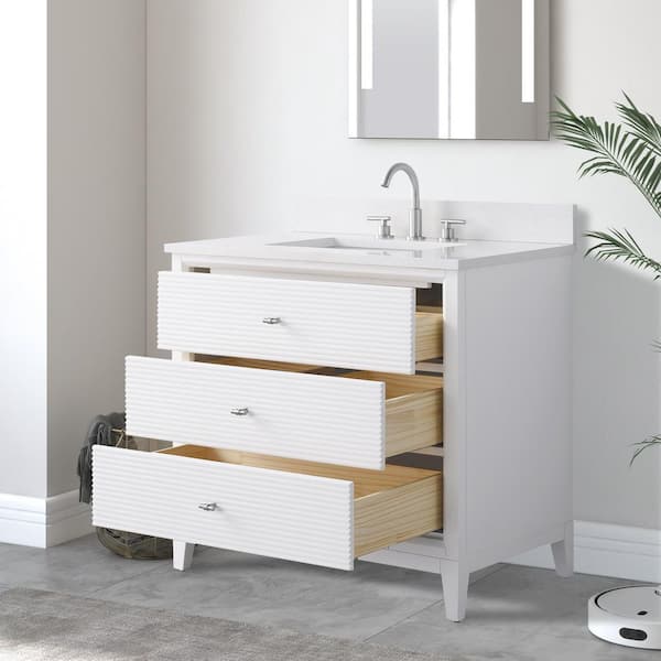 36 in. W Single Sink Freestanding White Bath Vanity Cabinet with Ariston White Engineered Marble Top