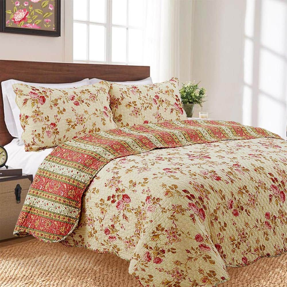 Cozy Line Home Fashions Vintage Floral Rose Chintz 3-Piece Khaki