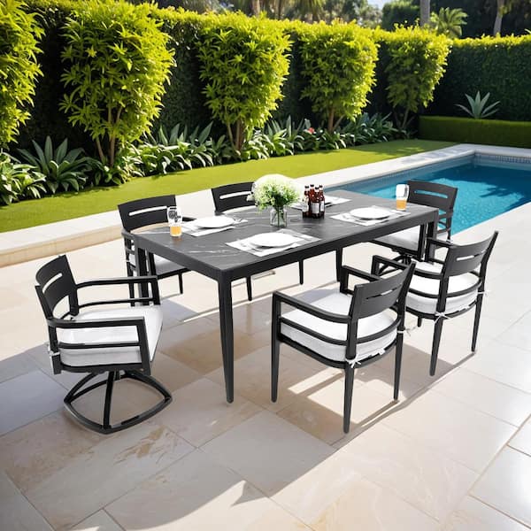 7-Piece Aluminum Outdoor Dining Set with Cushions, 71" Black Marble-look Table with 4 Chairs & 2 Swivel