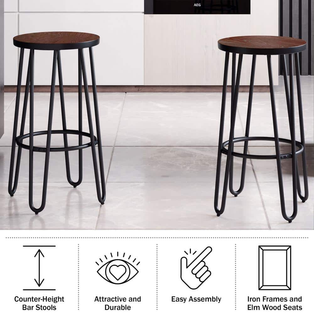 Rustic Elm 24-Inch Backless Counter Stool with Hairpin Metal Legs