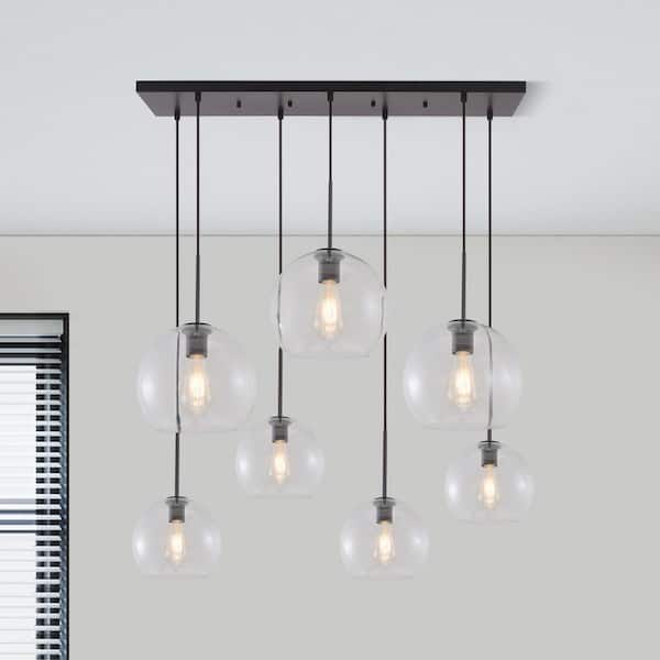 Reverso 7-Light 41.7 in.W Matte Black Waterfall Cluster Rectangler Large Modern Chandelier with 2-Size Globe Clear Glass