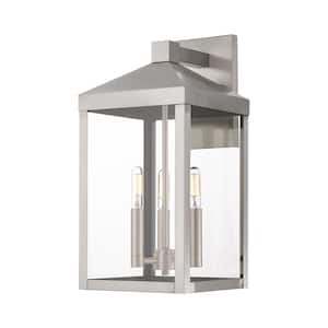 Creekview 17.5 in. 3-Light Brushed Nickel Outdoor Hardwired Wall Lantern Sconce with No Bulbs Included