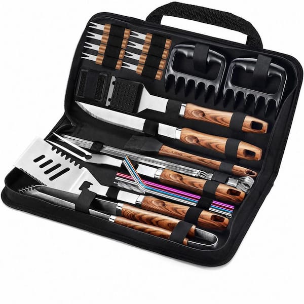 27 Pieces Brown Stainless Steel BBQ Grill Utensils Kit with Meat Claws, Skewers, Corn Holders, Canvas Bag