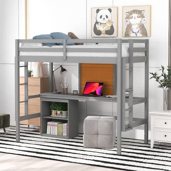Gray Twin Size Wood Loft Bed with Desk and Writing Board, 2 Drawers Cabinet