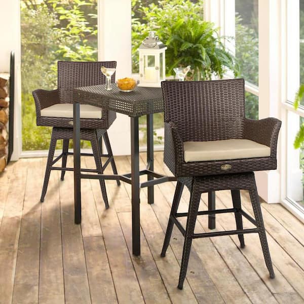 Rattan Brown Crawford Swivel Wicker Outdoor Bar Stool Patio Set with Sunbrella Ivory Cushions (Set of 2)