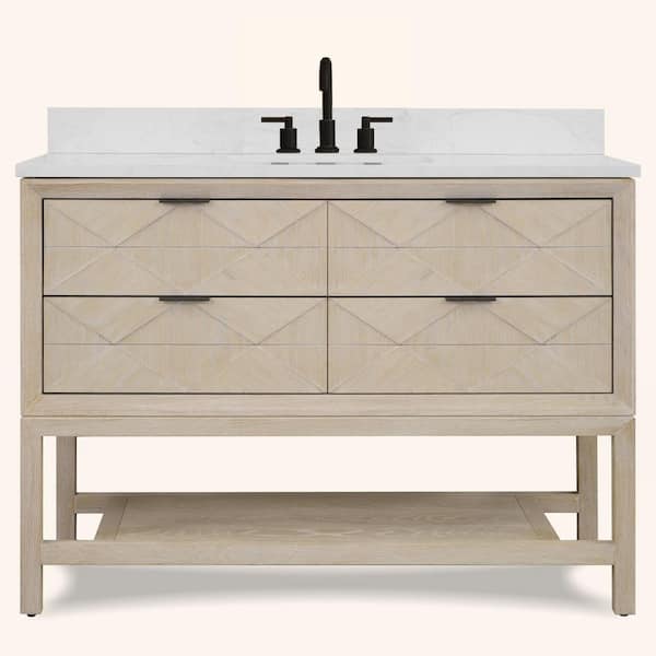 Solid Wood Contemporary 48 in. Freestanding Whitewashed Oak Bath Vanity with White Artificial Stone Top Unassembled
