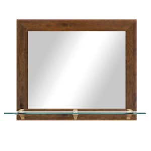 25.5 in. W x 21.5 in. H Rectangle Light Walnut Horizontal Framed Mirror With Tempered Glass Shelf/Brass Brackets